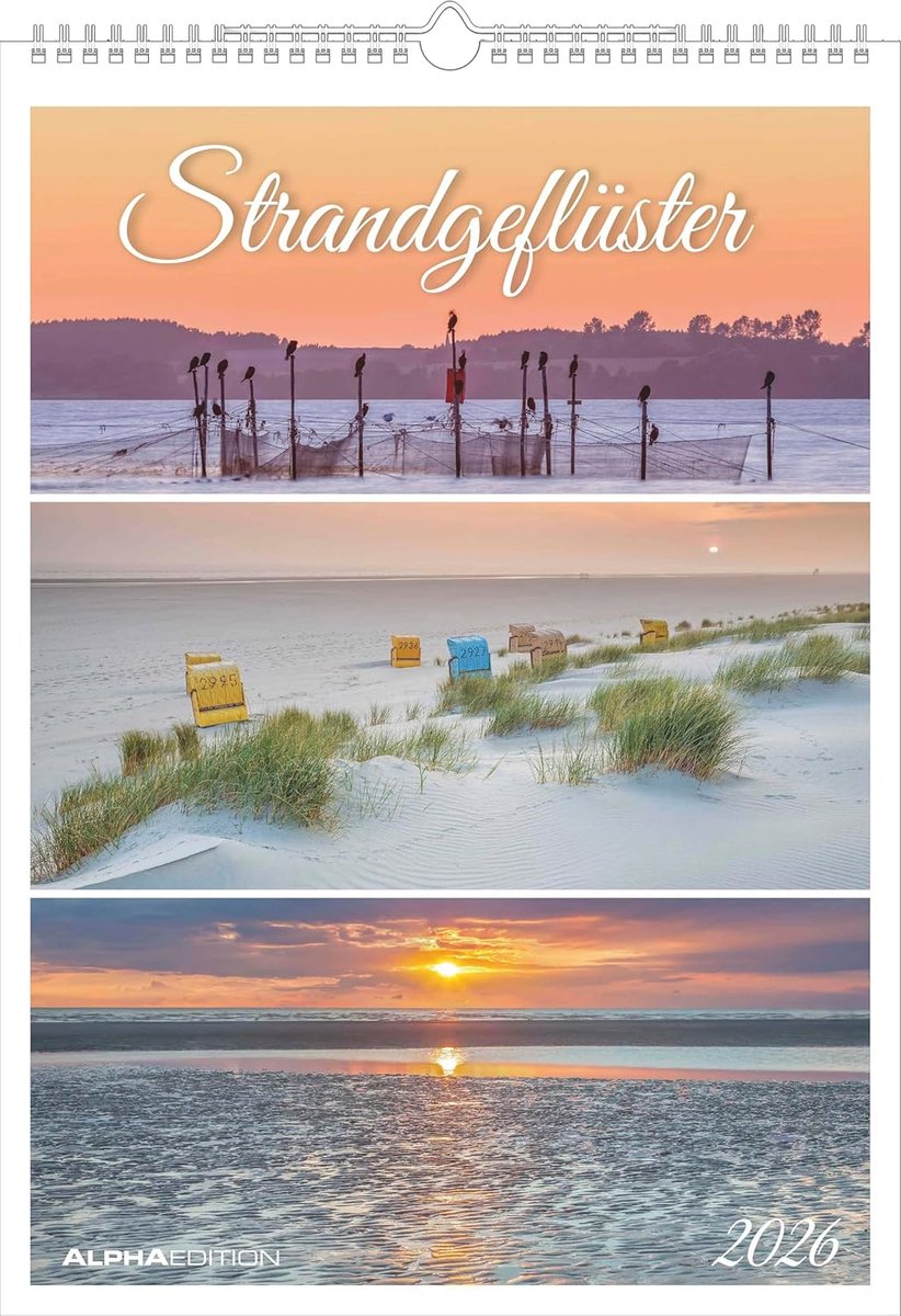 SnelShoppen - Strandgeflüster Wandkalender 2026 A3 - Natuur Kalender met Drie Beelden per Maand - Wandplanner met Feestdagen - Perfect voor Thuis of o