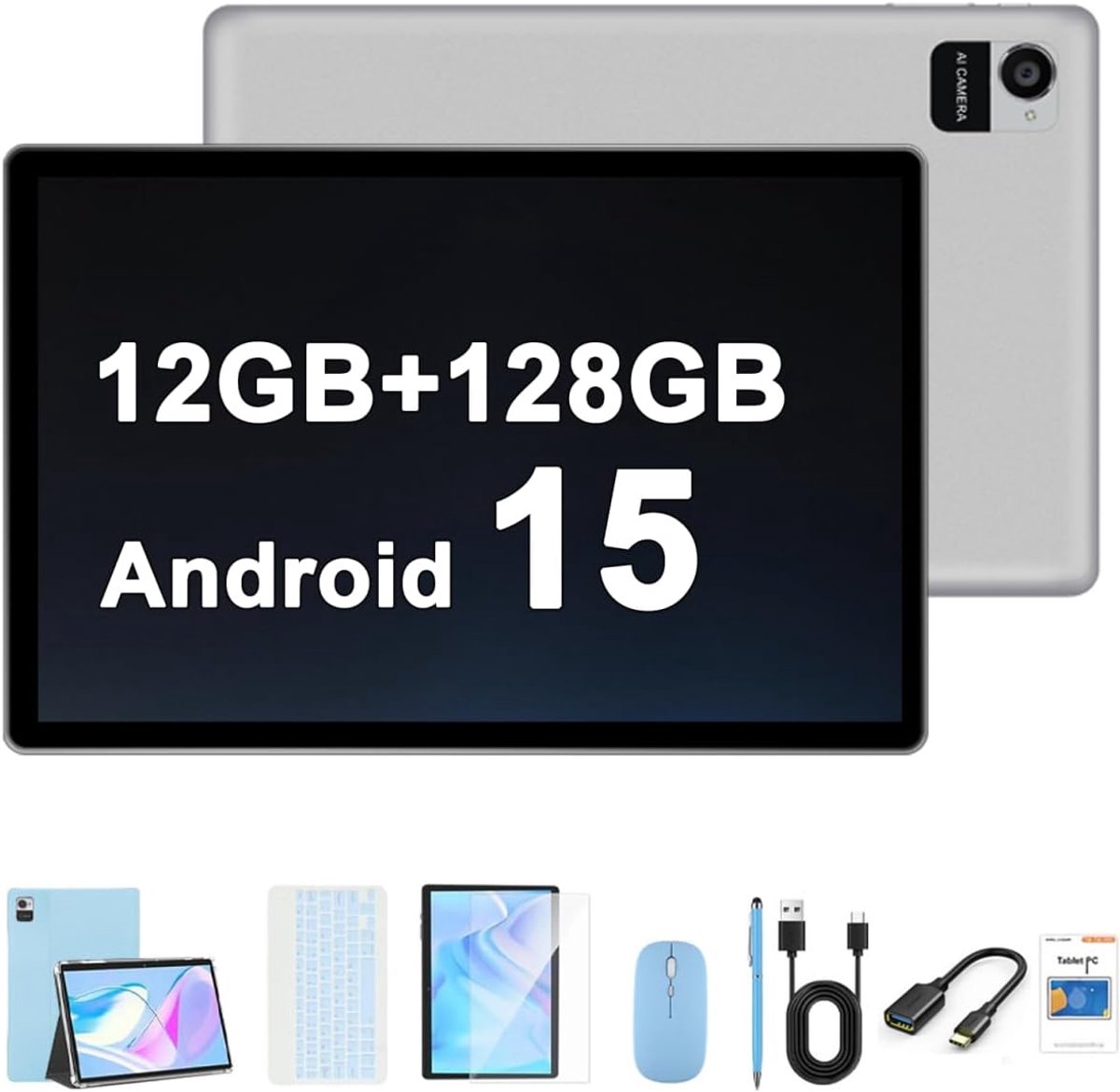 SnelShoppen - 10.1 inch Android 15 Tablet met 12GB RAM, 128GB Opslag, 8000mAh Batterij, 1280 x 800 Touchscreen, 5G Bluetooth/WiFi, Bundel met Case, To