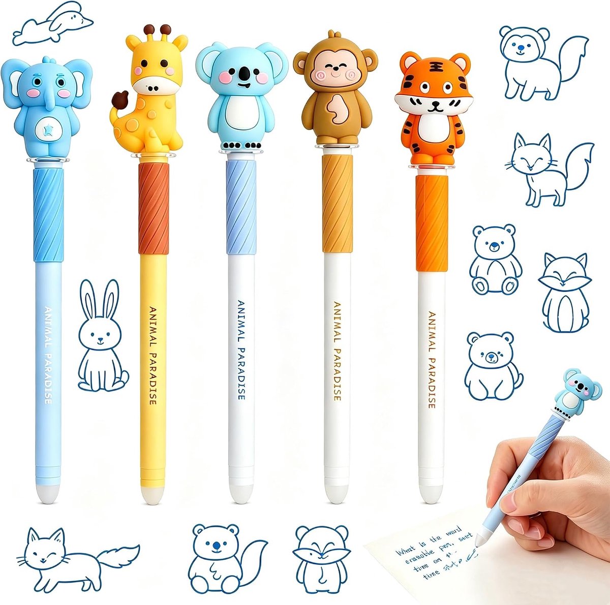 Thijox - 5 Uitwisbare Gelpennen met Diermotieven, Thermogevoelige Blauwe Inkt, 0,7 mm Punt, Ideaal voor School, Kantoor en Kindergeschenken