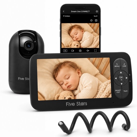 Five Stars® Dream One CONNECT - Babyfoon met Camera en App - 5 inch Display - Baby Monitor - Inclusief Flexhouder - Zwart