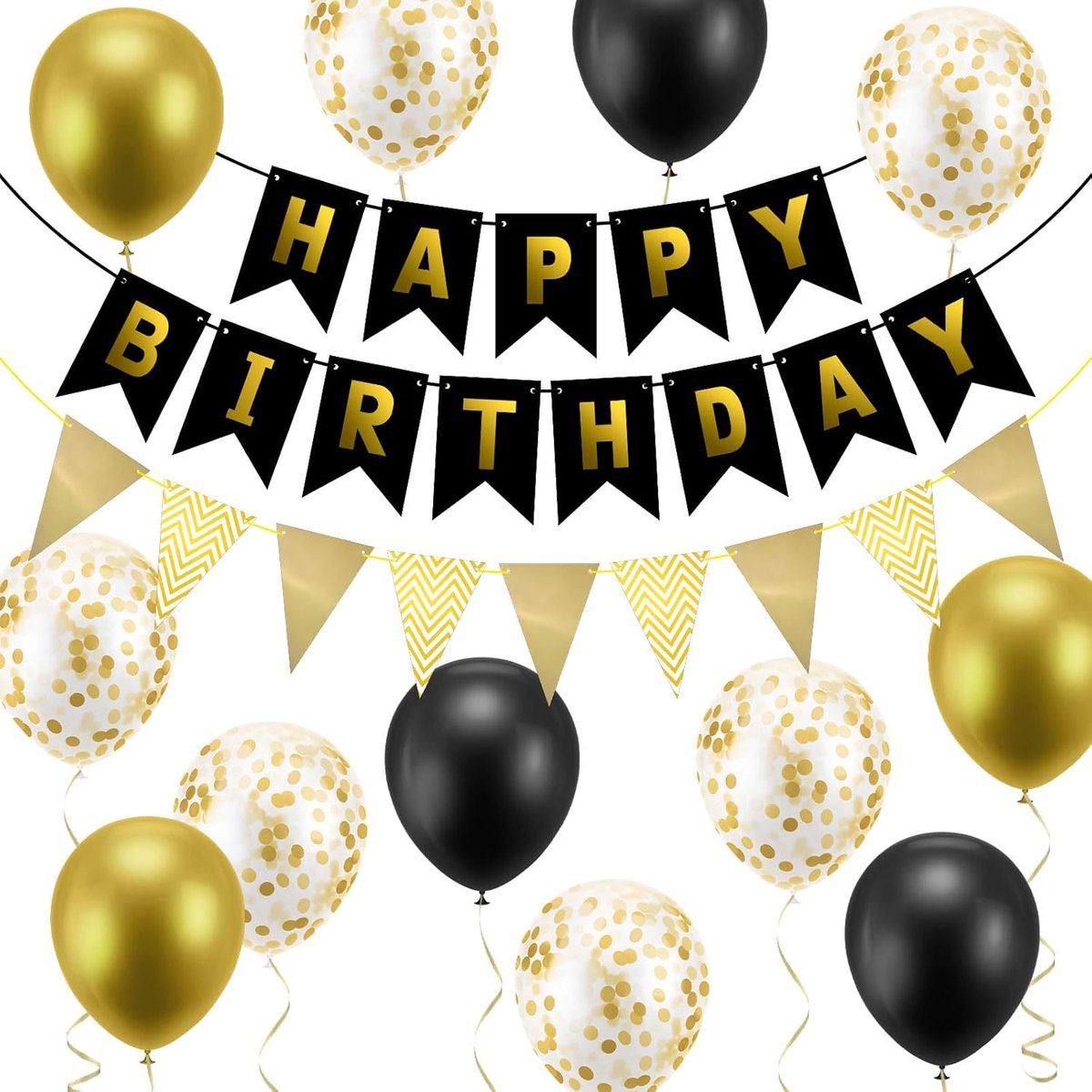 SnelShoppen - Happy Birthday Banner Set - 16-delige Verjaardagsdecoratie met Zwarte en Gouden Ballonnen, Vlaggen en Ribbons voor Feestjes, Meisjes en