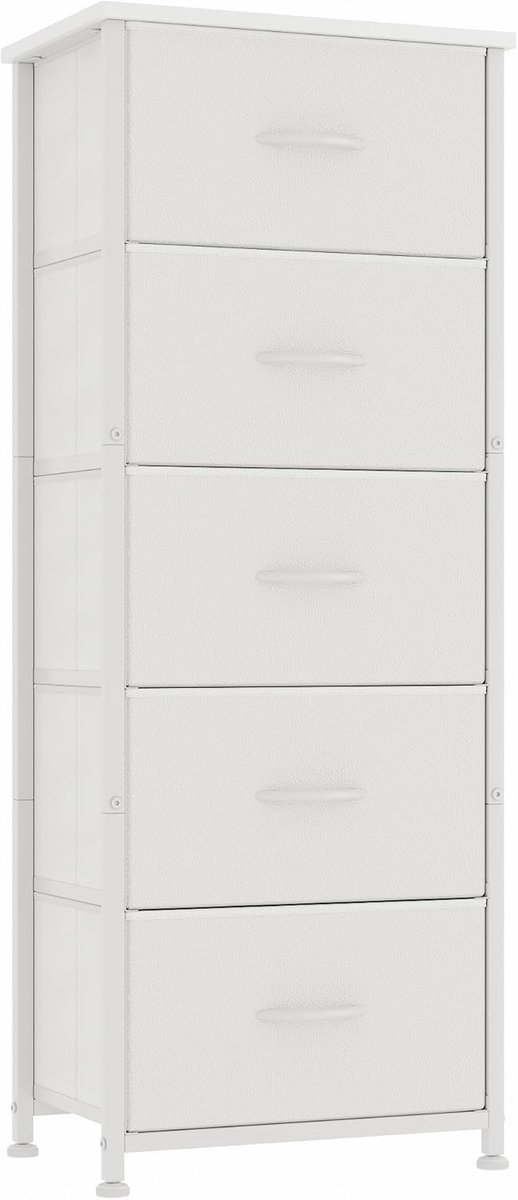 SnelShoppen - Smalle Commode met 5 Laden, Opbergkast van Stof met Houten Top, Wit Dressoir voor Slaapkamer, Woonkamer, Hal en Kinderkamer