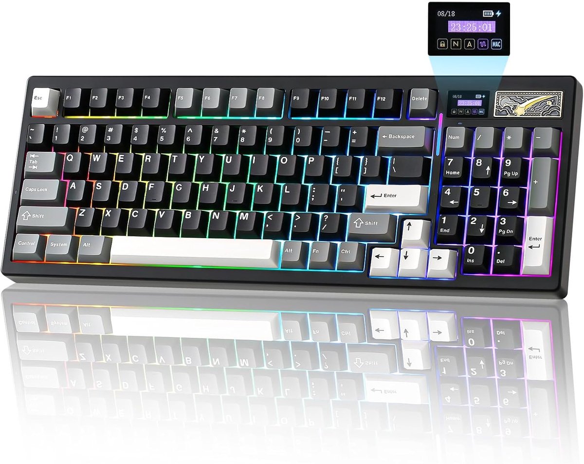 SnelShoppen - Draadloos Mechanisch Gaming Toetsenbord met Slim LCD Scherm, QMK/VIA Programmeerbaar BT/2.4G/USB-C, Gasket Mounted, Hot Swap, RGB 96% In