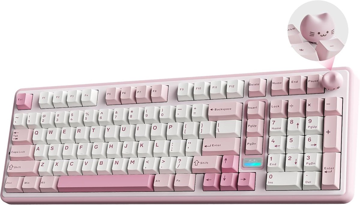 SnelShoppen - Draadloos Mechanisch Gaming Toetsenbord 96% Indeling met Numeriek Toetsenblok en Schattige Kat Knop, BT/2.4G/USB-C (Roze, Milk V2 Linear