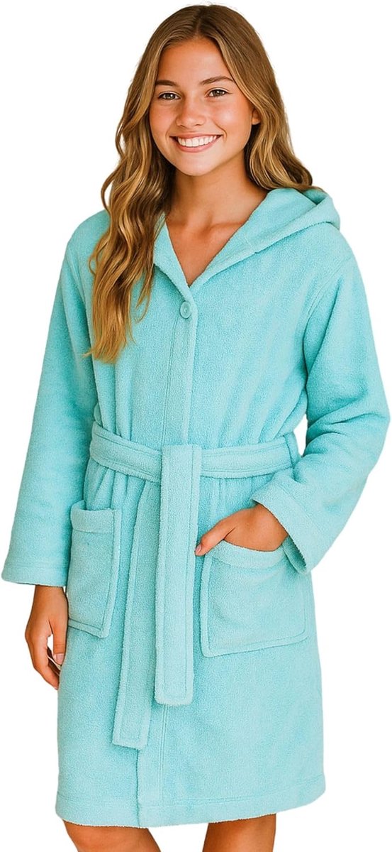 SnelShoppen - Badjas Kinderen Tieners 100% Katoen Met Capuchon Badstof - Zachte, Comfortabele Badjas voor Thuis, Zwembad, Vakantie - Meisjes en Jongen