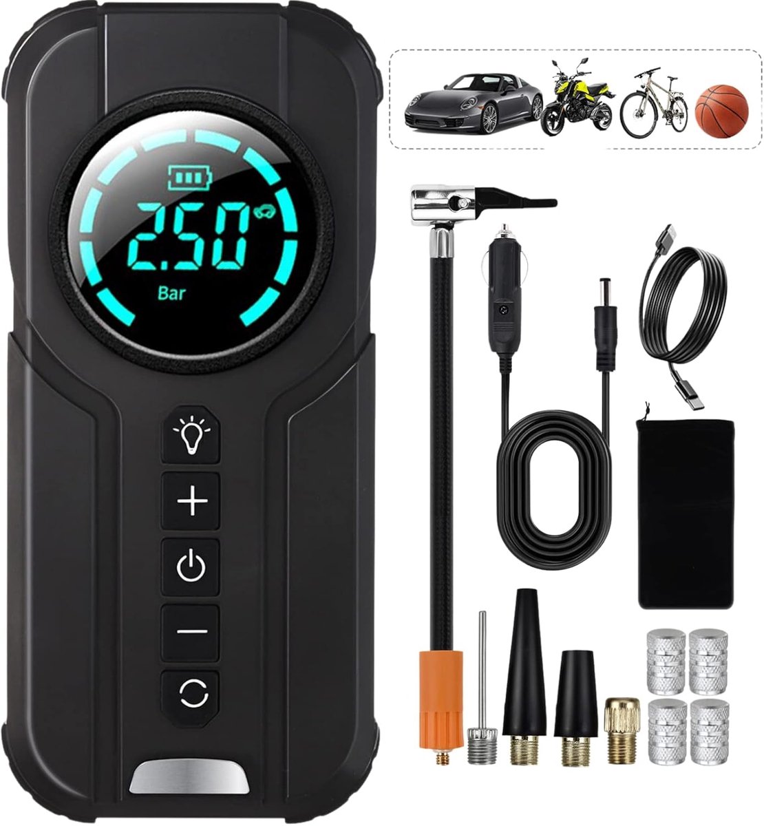 SnelShoppen - Elektrische Fietspomp 7200 mAh, Draagbare Compressor 180 PSI, Oplaadbare Luchtpomp voor Fiets, Auto, Motor en Basketbal