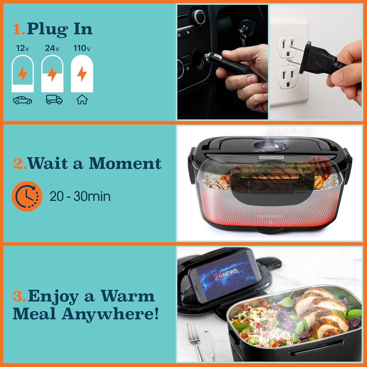 SnelShoppen - Elektrische Lunchbox Volwassenen 1.5L RVS Warmhoudcontainer 100W Voor Auto, Werk en Camping - Lekvrij, Thermisch, 12/24/220V