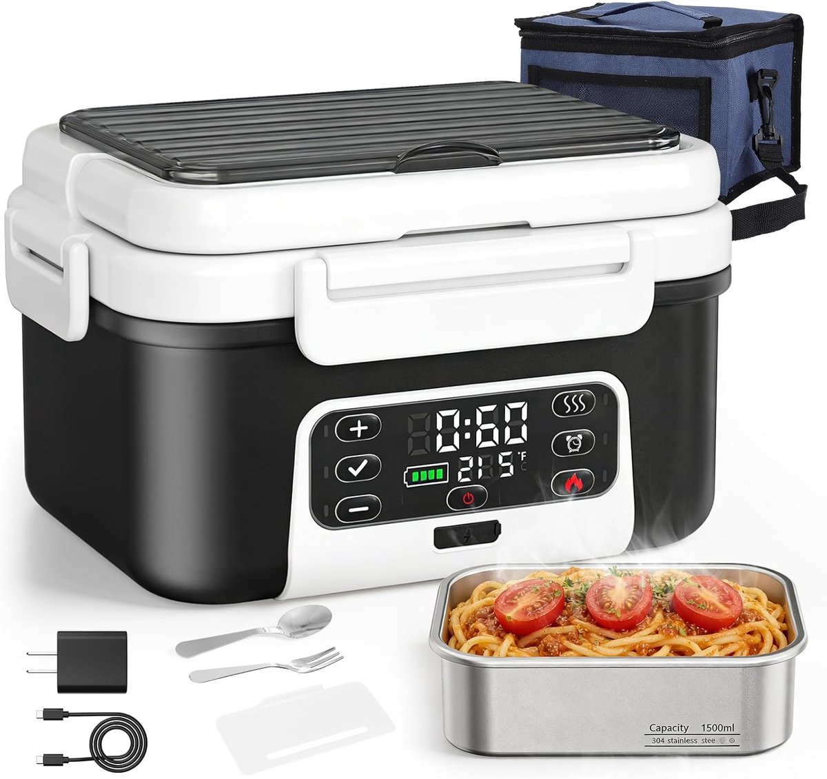 SnelShoppen - Geïsoleerde Verwarmde Lunchbox voor Volwassenen, 1.2L, Met Afneembare Verdeelschotels, Programmeerbare Verwarming, Ideaal voor Kantoor,