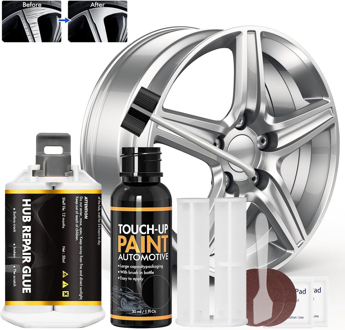 SnelShoppen - Repair Kit voor Aluminium Velgen, Velgenverf, Velgenreparatieset, Bandenreparatieset, Wielreparatie Lijm, Velgenverf voor Krassen, Deuke