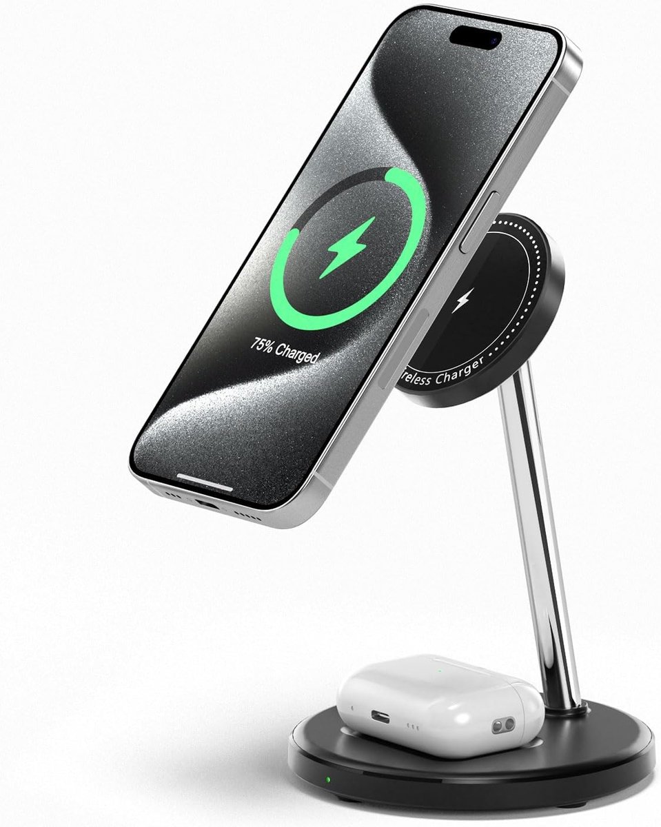 SnelShoppen - Draadloos Oplaadstation voor iPhone, 2-in-1 Magnetische Draadloze Charger, 15W Snellader, Compatibel met iPhone 12/13/14/15/16 en AirPod