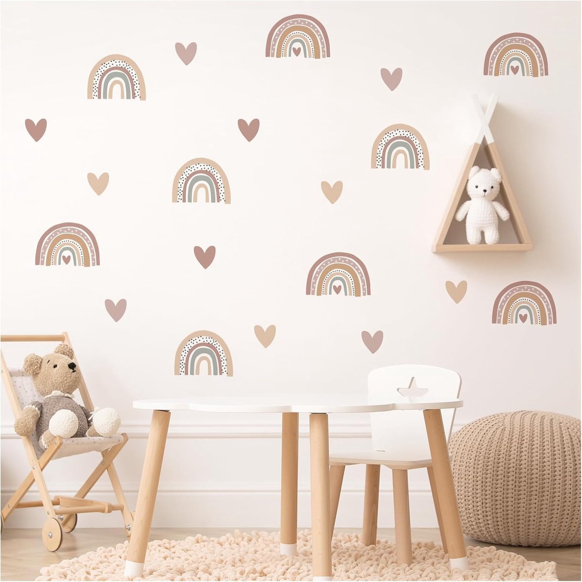 SnelShoppen - Wandstickers Kinderen Boho Regenboog Set Muurdecoratie Hartjes voor Kinderkamer Babykamer 200x104cm Inclusief Aanbrenginstructies