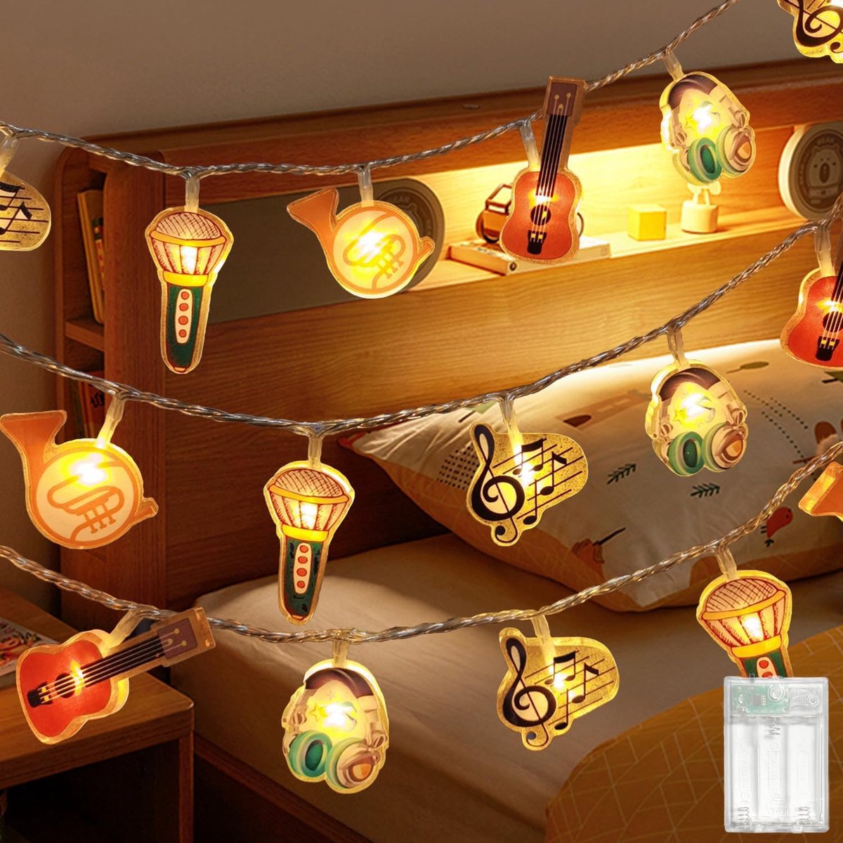 SnelShoppen - Decoratieve Lichtjes Kinderen, 1.5m LED Slinger met Muziekinstrumenten Design, Warm Wit, Acryl, Batterij-Aangedreven, 10 LEDs, Timer voo