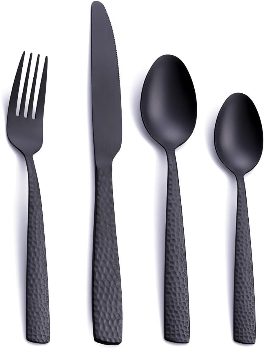 SnelShoppen - Matte Zwarte 24-Delige Bestekset voor 6 Personen, Roestvrijstalen Hammered Eten & Bestek Set, Inclusief Vork, Lepel en Mes, Vaatwasmachi