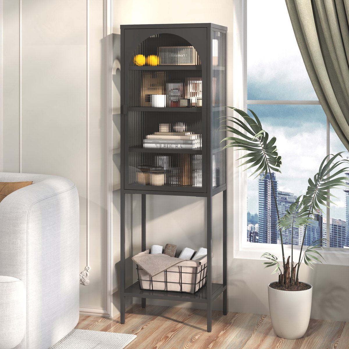 Wishdor - Kast - smalle vitrinekast met glazen deur en verstelbare planken - industrieel - woonkamer of keuken - metaal en gehard glas - zwart - 160 x 50 x 35 cm