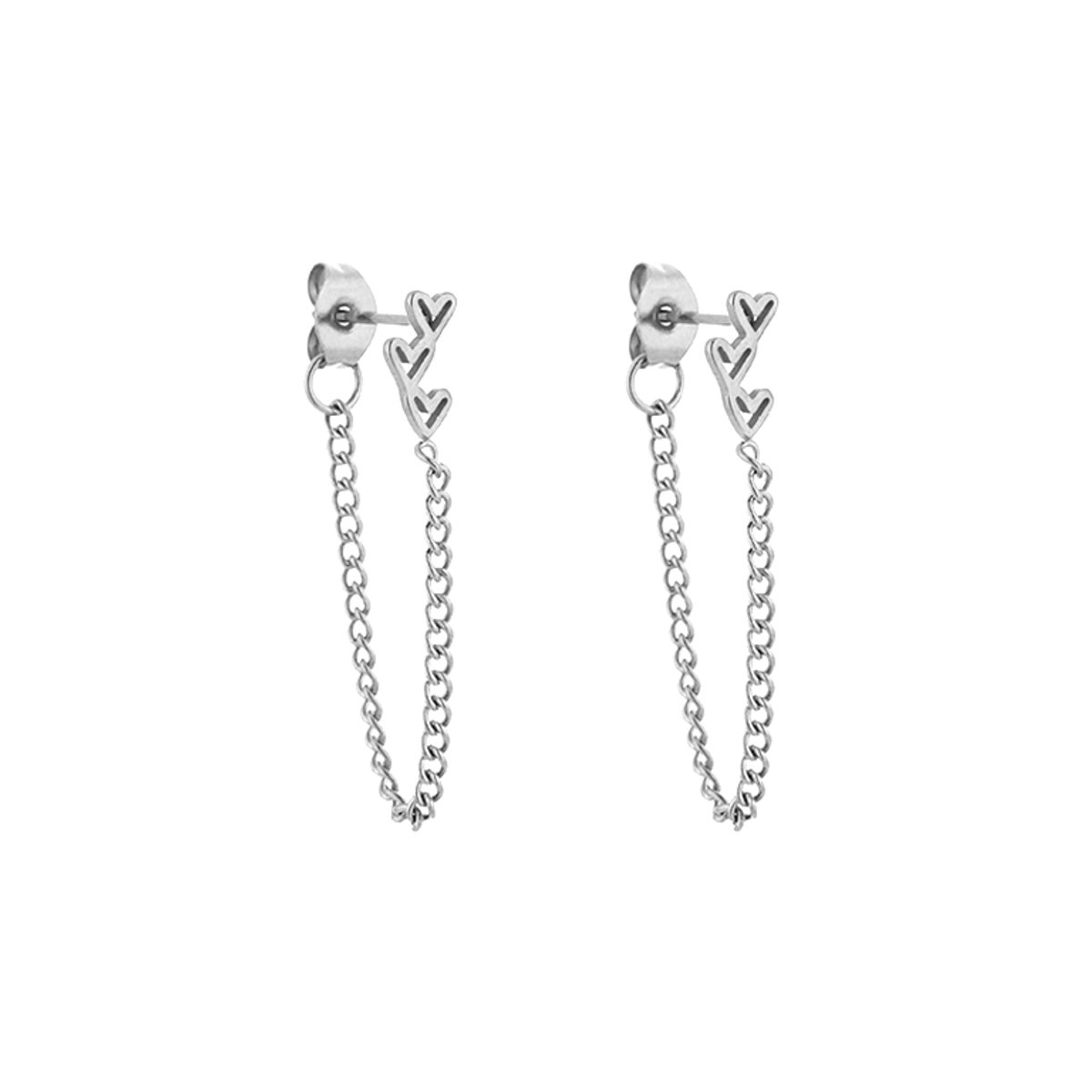 Stainless Steel Oorsteker met Ketting – Minimalistische & Stoere Pijloorbellen - RVS - Zilver