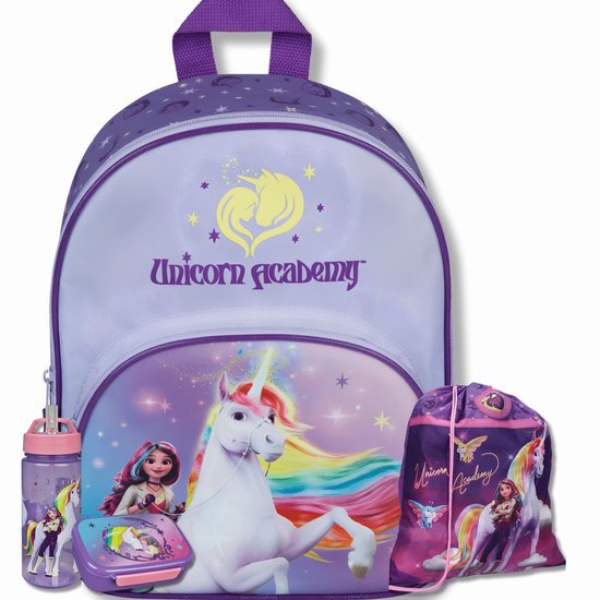 Unicorn Academy Schooltas set 4-Delig Meisjes – Rugzak, Gymtas, Lunchbox & BPA-vrije Drinkfles – Schoolset – Paars