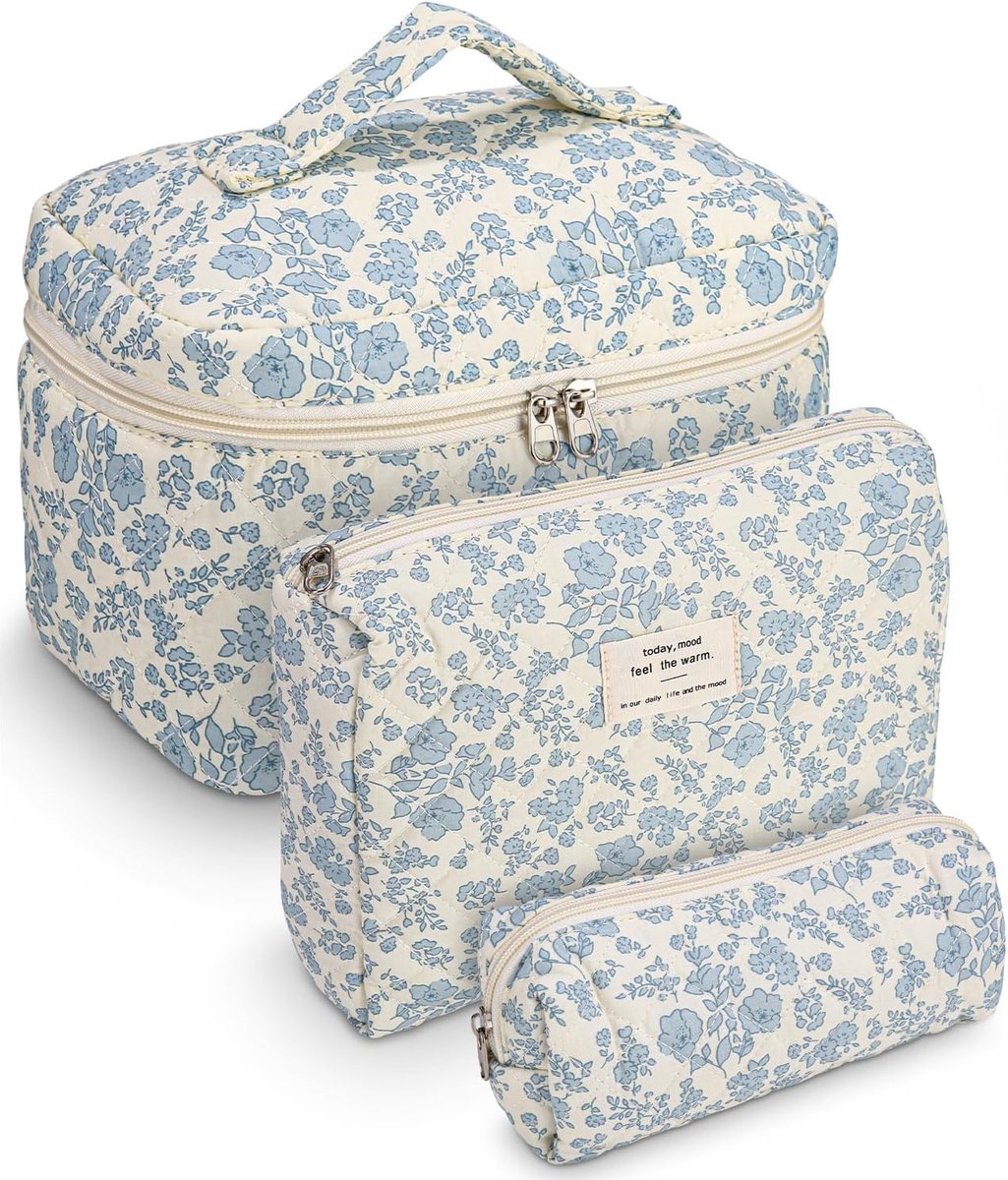 SnelShoppen - Set van 3 Bloemen Make-up Toilettassen, Elektronische Accessoires, Blauw, Hoogwaardige Katoen, Duurzame Ritsen, Ideaal voor Reizen en Da