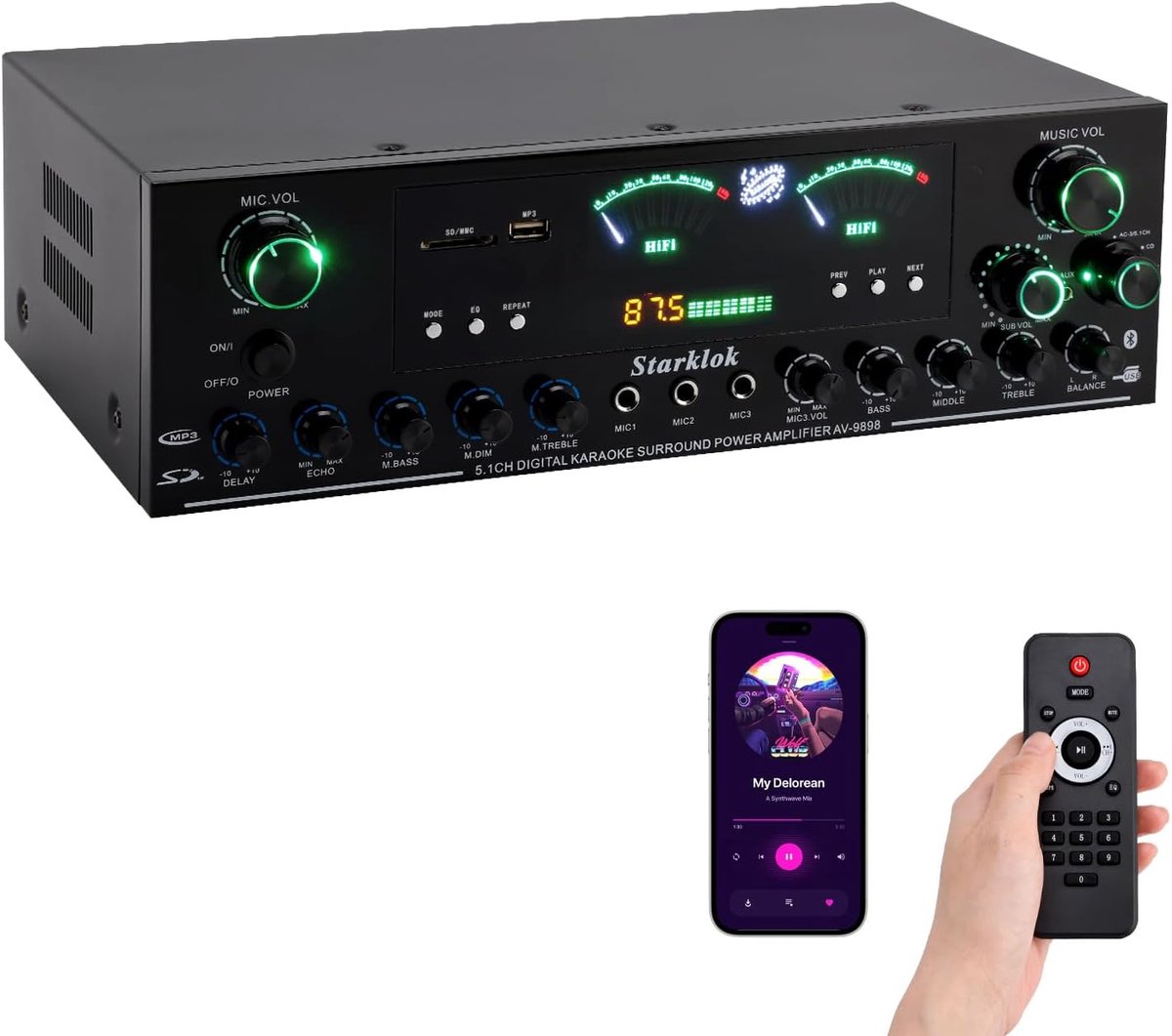 SnelShoppen - 3000W Peak Power 5.1 Kanaals HiFi Stereo Versterker met Bluetooth 5.0, USB/SD Display, Drie Microfoon Ingangen voor Thuisbioscoop, Muzie