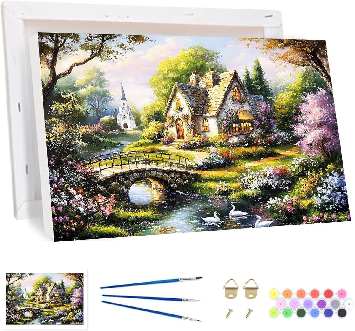 SnelShoppen - Paint by Numbers Set voor Volwassenen - Schilderen op Nummer - Dorp Cottage Schilderij Kit met Houten Easel, Canvas, 3 Penseelset en Acr