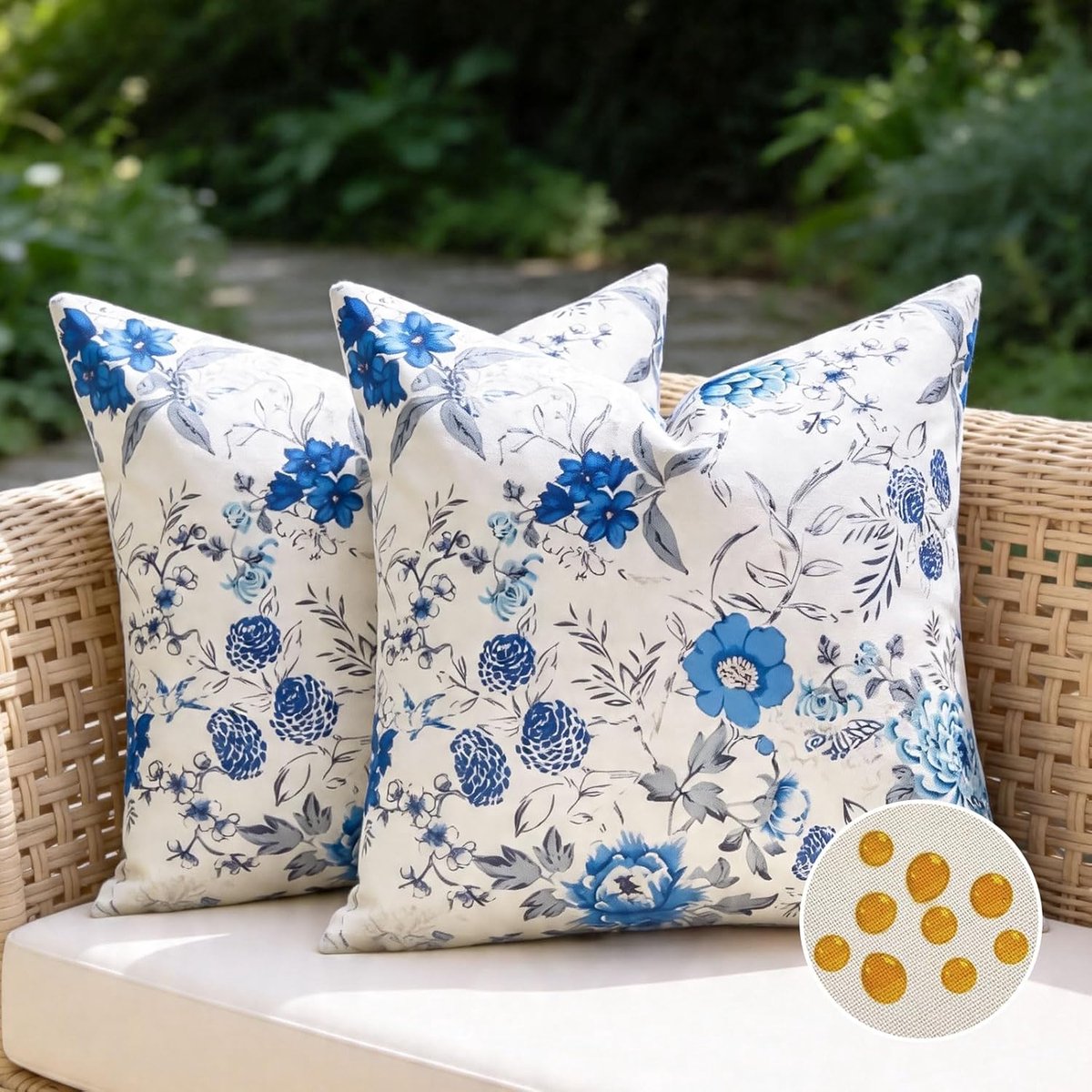 SnelShoppen - 2x 45x45 cm Waterdichte Kussenhoezen voor Bank, Buiten, Floral Patroon met Blauwe Bloemen, Tuinmeubilair, Ideaal voor Lente, Zomer en He