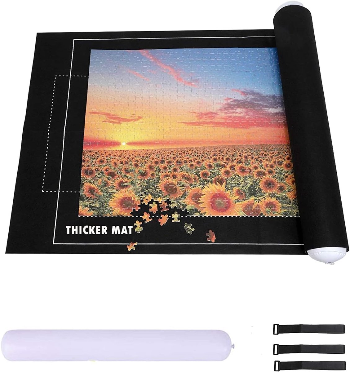 SnelShoppen - Puzzle Mat voor 3000 Stukken - Roll Mat met 3 Inflatable Tubes en 100 Straps - 100x140 cm Zwart - Ideaal voor Thuis, Feest en Kinderen