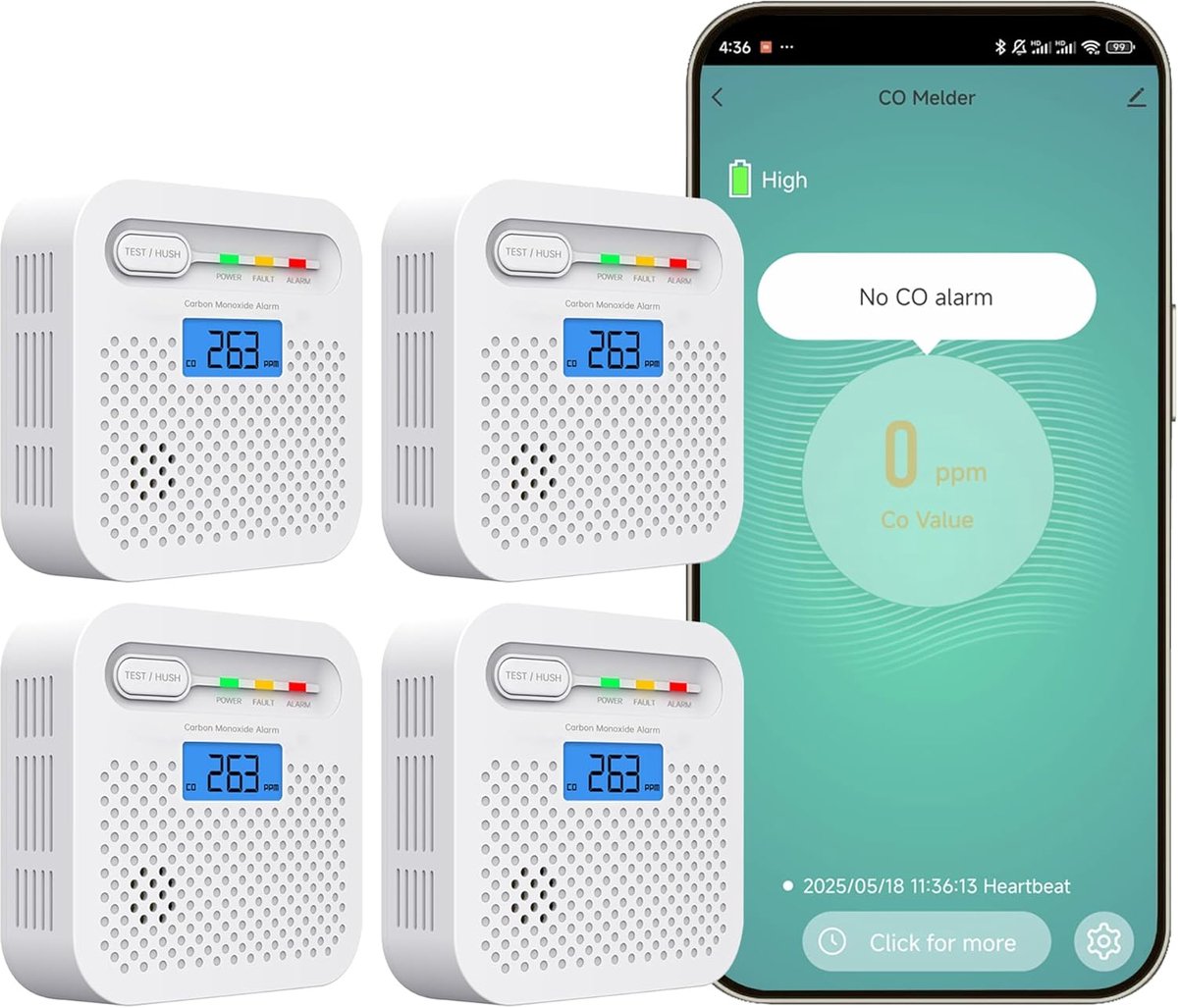 SnelShoppen - Koolmonoxidemelder met 10 jaar batterij, LCD display, 85 dB alarm, EN 50291 gecertificeerd, 4 stuks CO detector