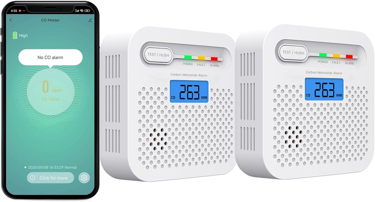 SnelShoppen - CO Detector WiFi Koolmonoxidemelder 10 Jaar Batterij, CE EN 50291, 85dB Alarm, Real-time Push Notifications via Tuya & SmartLife App, Di