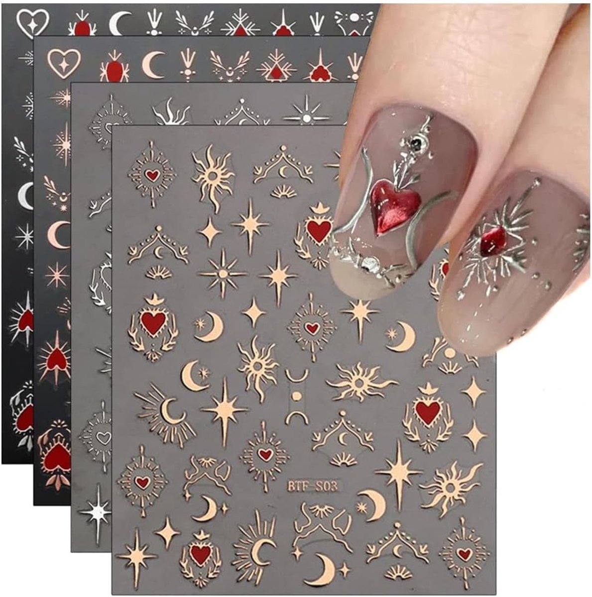 SnelShoppen - Nail Stickers Zelfklevend 9 Vellen Nagelstickers Set Gouden Maan Ster Nagelontwerp Accessoires voor Decoratie Vrouwen Meisjes Manicure D