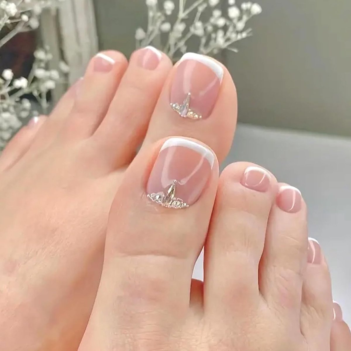 SnelShoppen - 24pcs Franse Witte Valse Teennagels Nude Roze Kunstnagels met Strass Korte Vierkante Nagels voor Plakken Acrylnagels voor Meisjes DIY Na