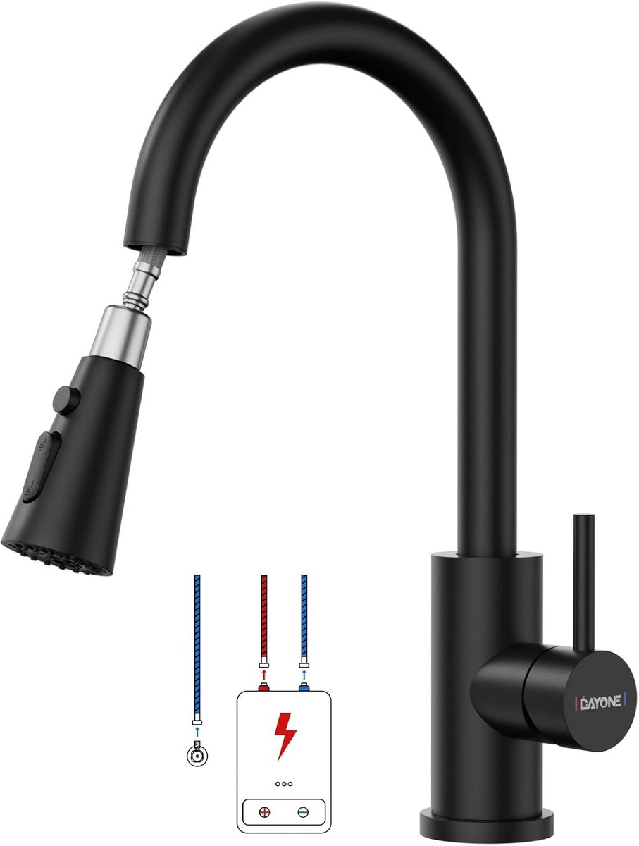 SnelShoppen - Keuken Mengkraan Low Pressure Zwart - Uittrekbare RVS Mengkraan met 3 Stralen - 360° Draaiende Waterkraan voor Keuken - Perfect voor Laa