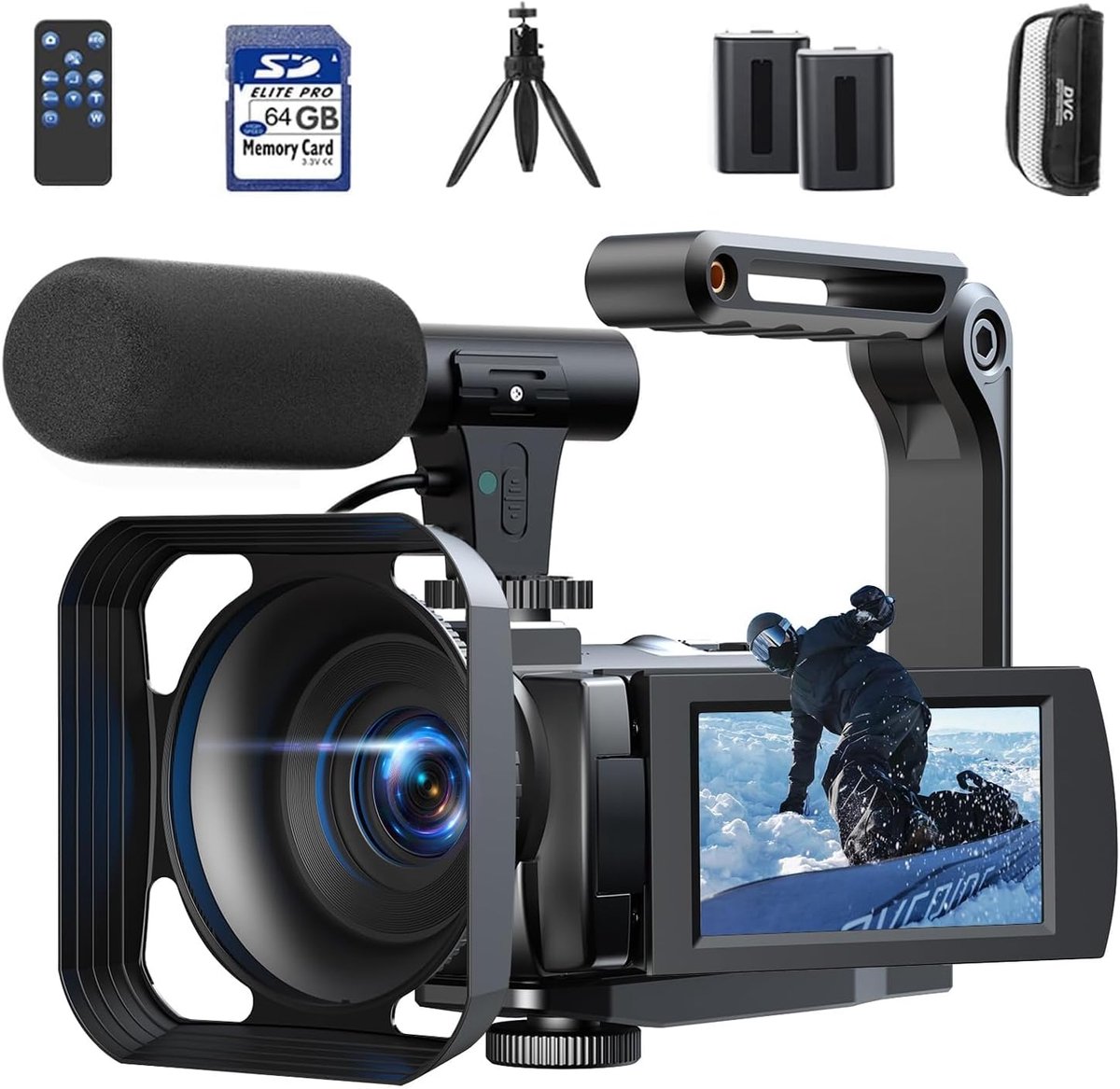 SnelShoppen - Video Camera 5K 56MP Vlog Camera voor YouTube, WiFi, IR Nachtzicht, Digitale Zoom 16X, 3" Touchscreen, Webcam, Externe Microfoon, 2 Batt