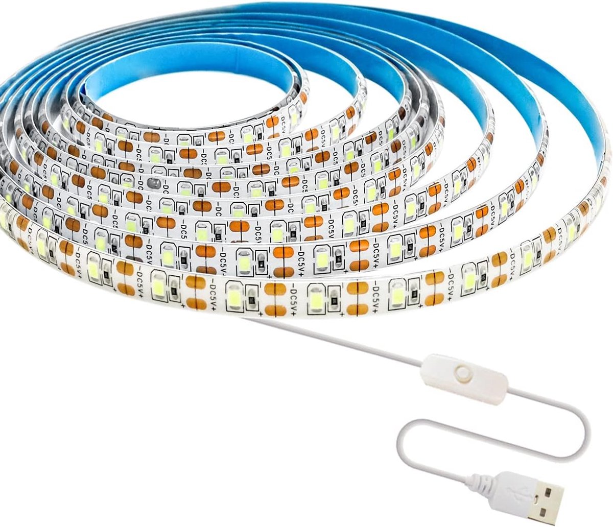SnelShoppen - 5V USB LED Strip Light, Waterproof 6000K Wit, 3M, 180 LEDs, Plug and Play Lichtstrip met Schakelaar voor Slaapkamer, Keuken, Feest en Ca