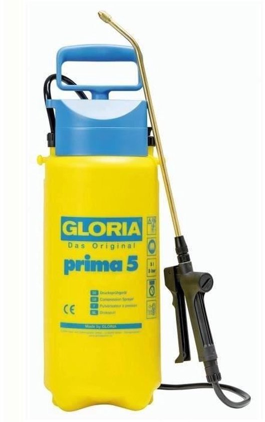 Gele Gloria Prima 5 drukspuit met blauwe handgreep en spuitlans.
