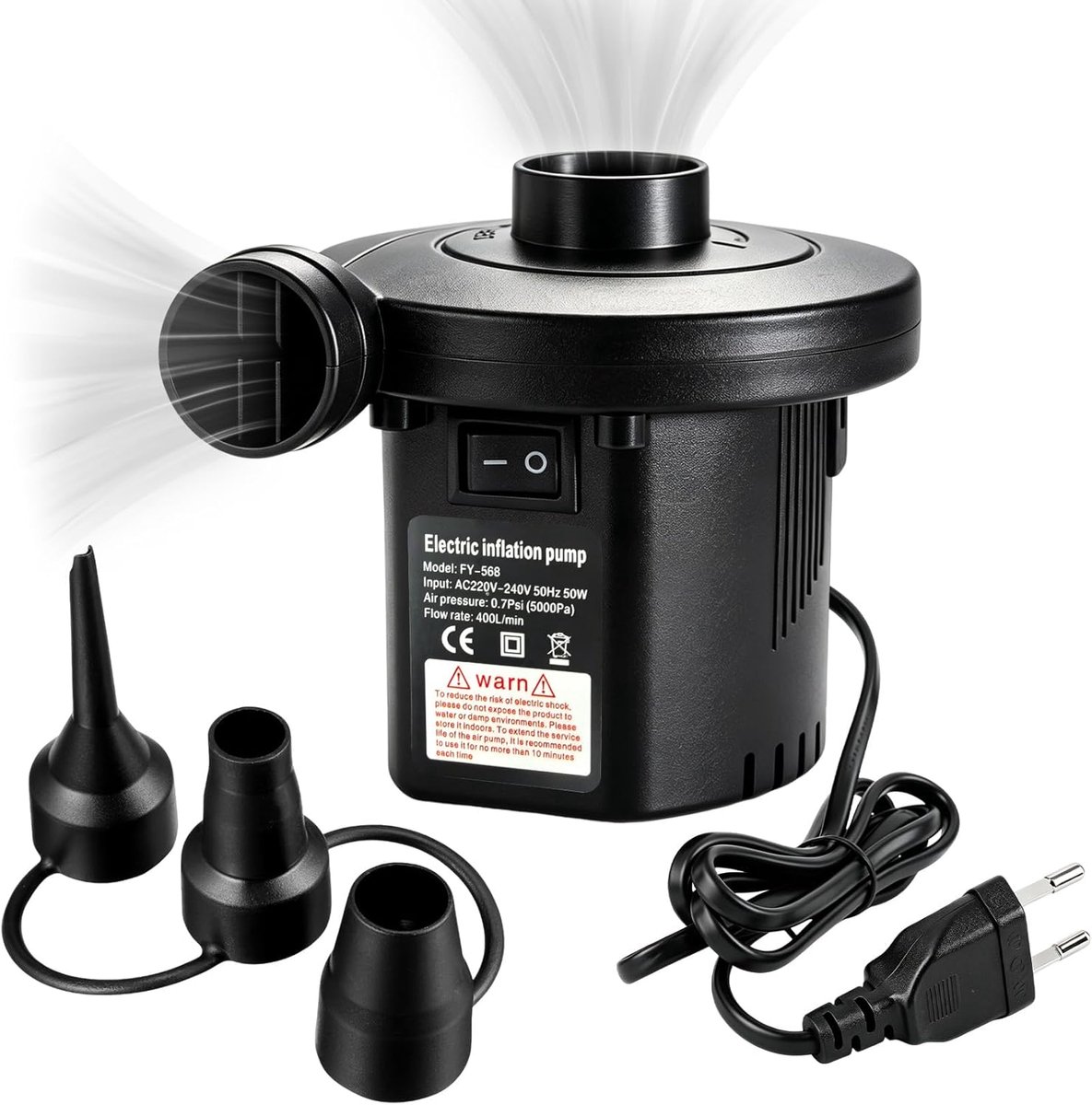 SnelShoppen - 2-in-1 elektrische luchtpomp met 3 opzetstukken, ideaal voor opblaasbare artikelen, camping, tuin, feest, 105 cm kabel, veelzijdig en ge