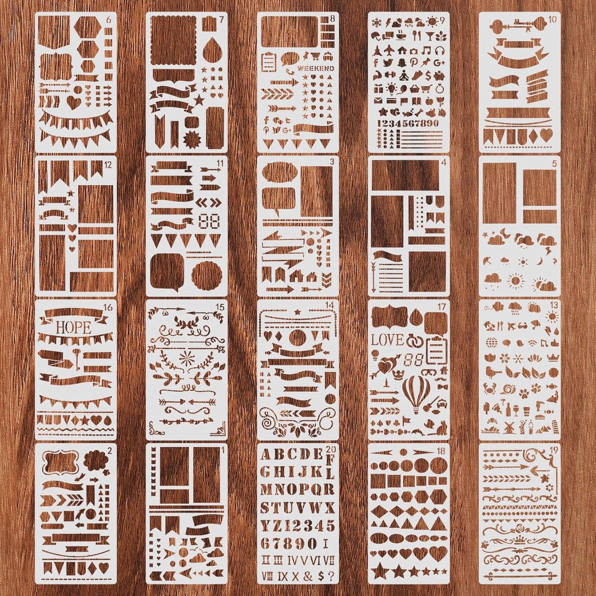 SnelShoppen - 20 Stuks Herbruikbare Bullet Journal Sjablonen Set - Plastic Accessoires voor Notitieboeken, Dagboeken, Scrapbooks en Fotoalbumdecoratie