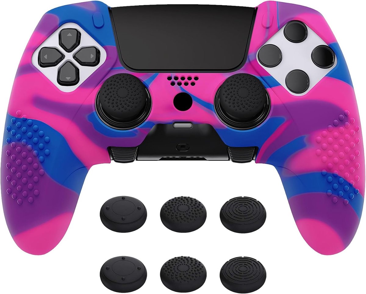 SnelShoppen - Anti-Slip Silicone Skin Cover Case voor PS5 Edge Controller, Soft Rubber Beschermhoes met 6 Inch Grip Caps in Roze, Paars en Blauw (3D S