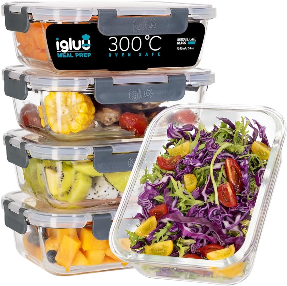 SnelShoppen - Glazen Meal Prep Bakjes Set van 5 - Luchtdicht, BPA-vrij, Geschikt voor Oven, Magnetron, Vriezer en Vaatwasser - 1050 ml Borosilicaatgla