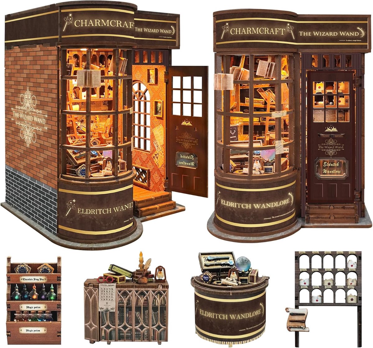 SnelShoppen - DIY Miniatuur Boeksteunen Craft Kit, Houten 3D Puzzels met LED Licht, Decor voor Boekenplank, Magische Tovenaarswinkel voor Volwassenen
