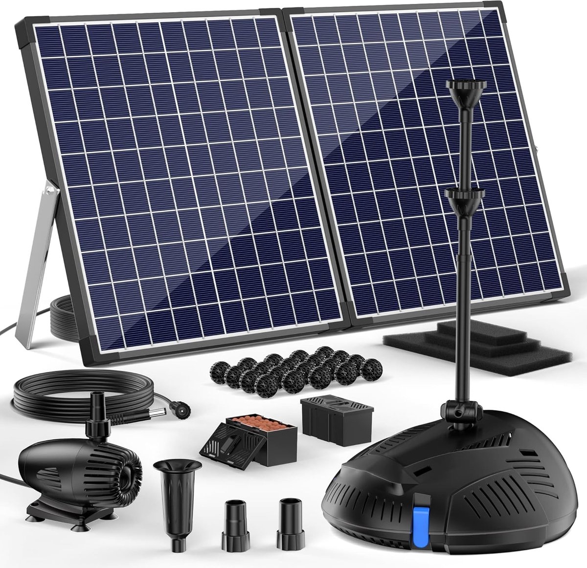 SnelShoppen - 50W Zonne-energie Tuinvijverpomp Set, 2100 L/h, Filter met 3 Spuitmonden en Stroomregelaar, 8 m Kabel voor Kleine Vijvers en Waterplezie