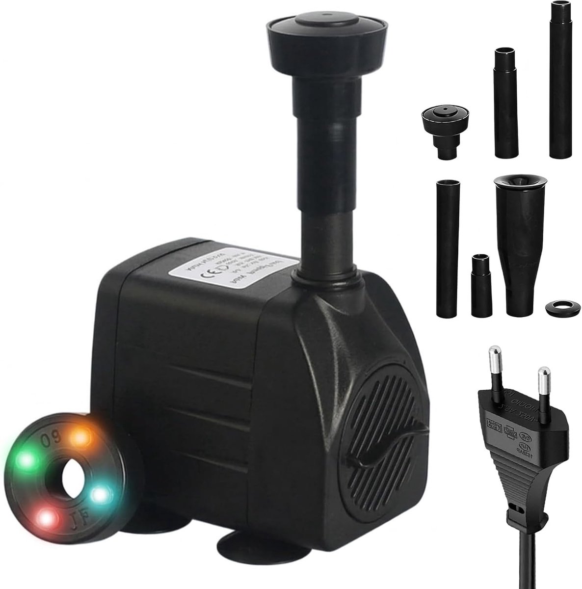 SnelShoppen - Outdoor Fonteinpomp 600 L/h, 15 W, 220 V, 3-in-1 Vijverpomp met 4 LED's, Tuinfontein Waterpomp, Water Speel Pomp, Stroom Afvoerpomp voor