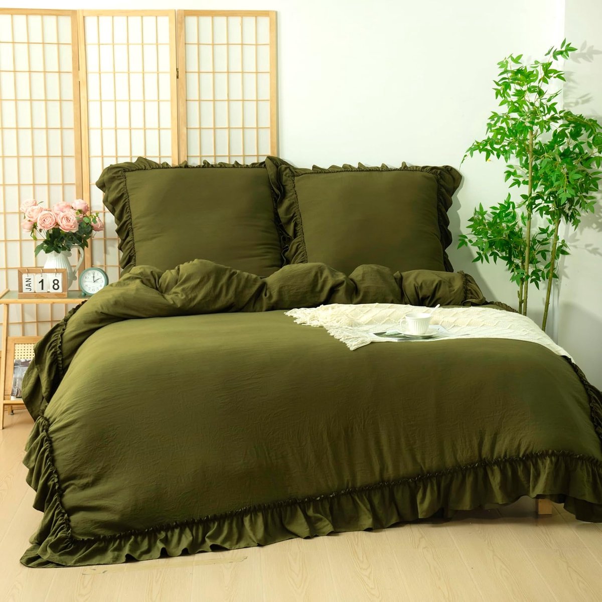 SnelShoppen - Ruffle Bed Linen Set 200 x 220 cm - 3-Piece Olijfgroene Super Zachte Microvezel - Oeko-Tex Gecertificeerd - Dekbedovertrek met Twee-Weg