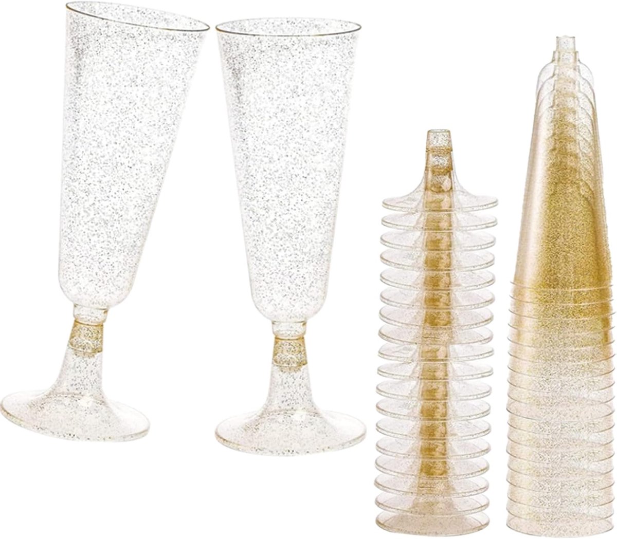 Thijox - 20 Stuks Plastic Champagneglazen 150 ml - Gouden Glitter Champagnefluiten van Kunststof - Herbruikbaar voor Feestjes, Bruiloften en Meer