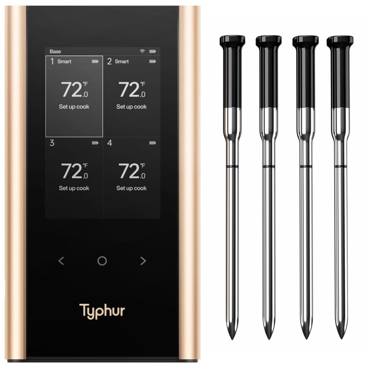 SnelShoppen - Draadloze Vleesthermometer met 4 Probes, Sub-1GHz Technologie, 6 Sensoren per Probe, NIST ±0.3°C, IPX8, KI App en Aluminium Basis voor B