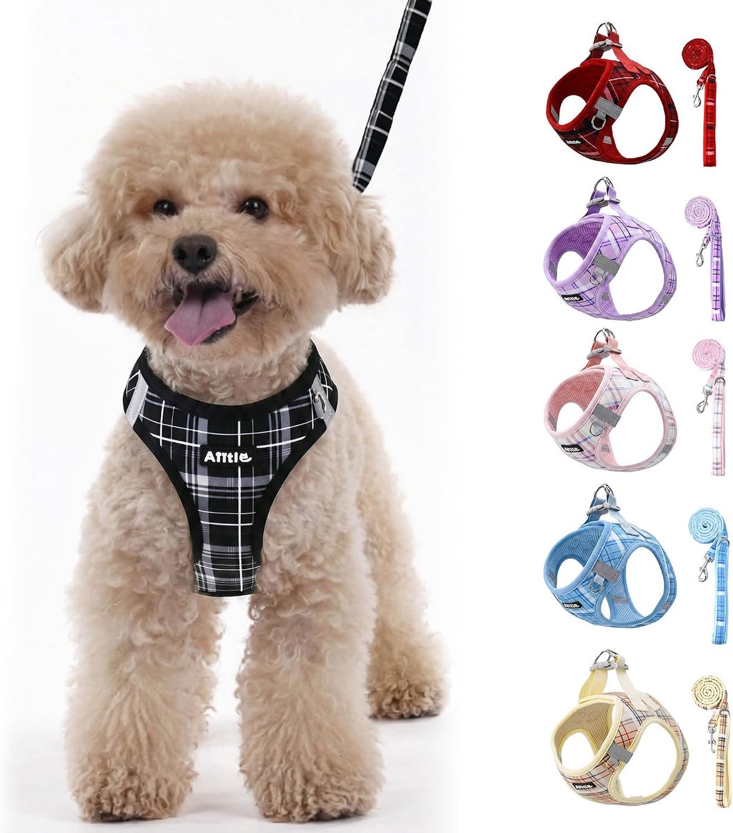 SnelShoppen - Dog Harness en Leash Set, Verstelbare Plaid Puppy Harnas, Zacht Vest voor Extra Kleine Honden, Geen Trek, Geen Verstikking, Zwart, XS