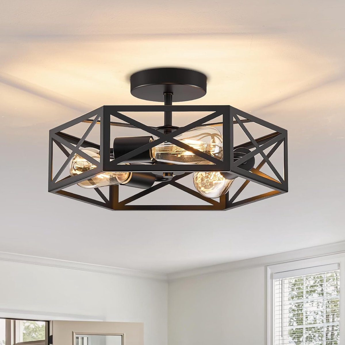 SnelShoppen - Vintage Plafondlamp Zwart 3 Lichten E27, Industrieel Stijl Half Ingebouwd Metaal, Moderne Kooi Lamp voor Keuken, Gang, Slaapkamer, Woonk