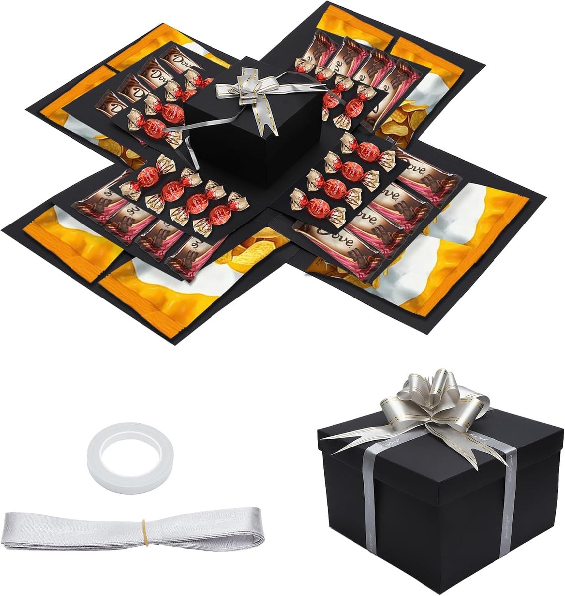 SnelShoppen - DIY Explosie Box 5-Laags Zwart met Deksel, Creatieve Cadeau Box voor Verjaardag, Bruiloft, Reizen, Jubileum, Valentijnsdag, Kerst