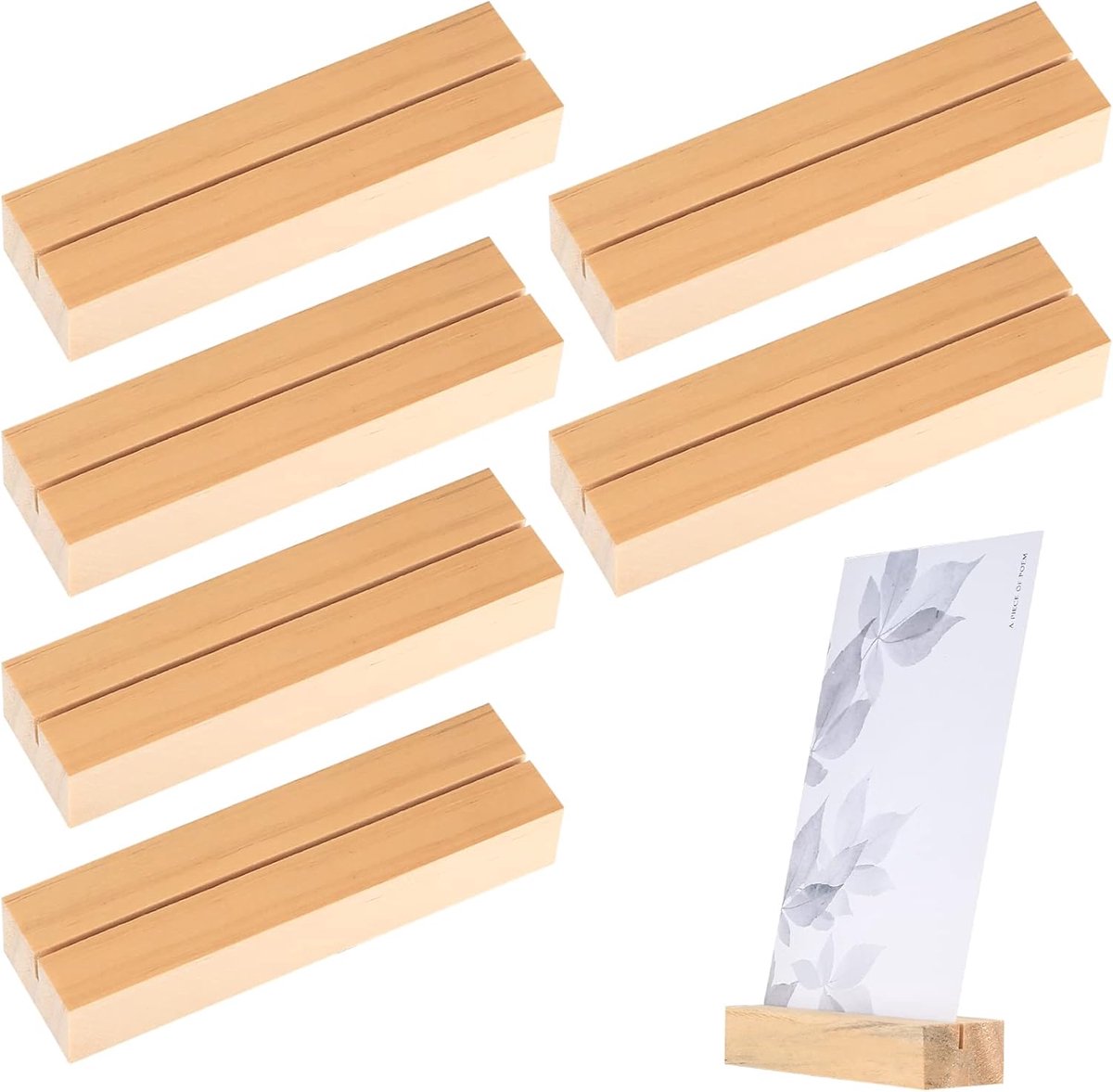 SnelShoppen - 6 Stuks Houten Plaathouder, Tafelnummer Houder voor Bruiloft, Verjaardag, Foto Houders, Nummervoordeel Stand van Natuurlijk Dennehout, P