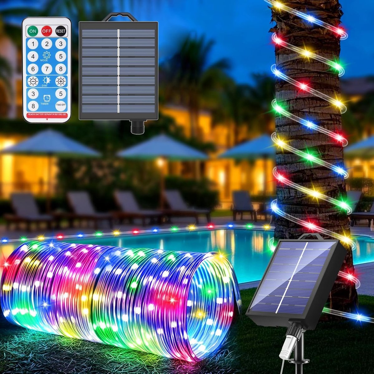 SnelShoppen - Kousee Outdoor Solar LED Rope Lights 22m 200 LEDs IP65 Waterproof Multicolor Tuinverlichting met 8 Verlichtingsmodi voor Feest, Kerst, D