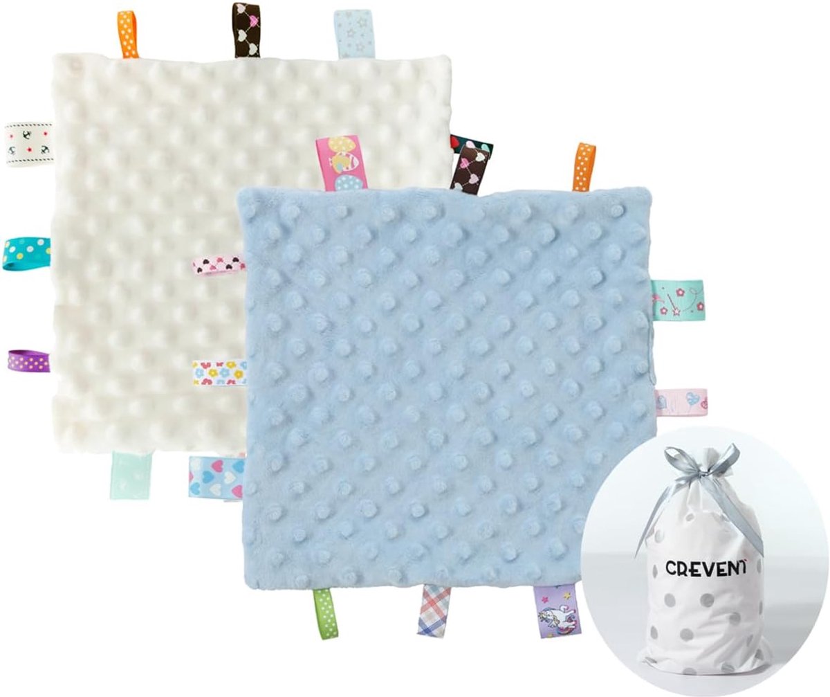 SnelShoppen - CREVENT Tag Baby Safety Blankets - Zachte Sensory Dekentjes voor Jongens - 24x24 cm - Minky Dot - Blauw en Ivoor - Perfect Kraamcadeau e
