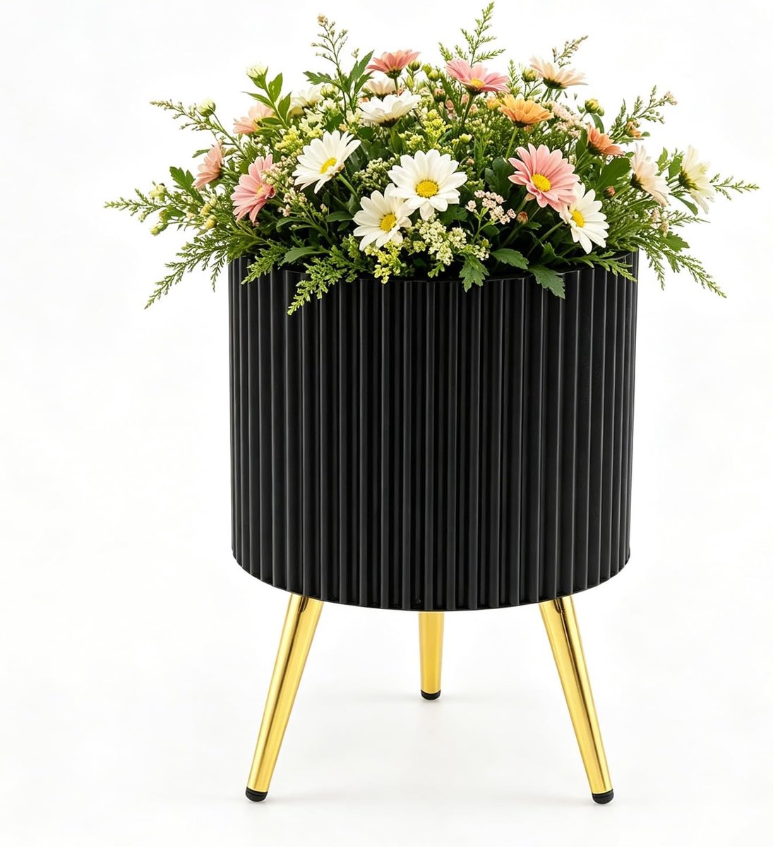 COSTWAY Bloempot metaal, ronde plantenbak & kruk met poten (1 stuk) | Ø 35 x H 53,5 cm, bloempot met drainagegaten, plantenbak voor tuin, woonkamer, modern, zwart + goud